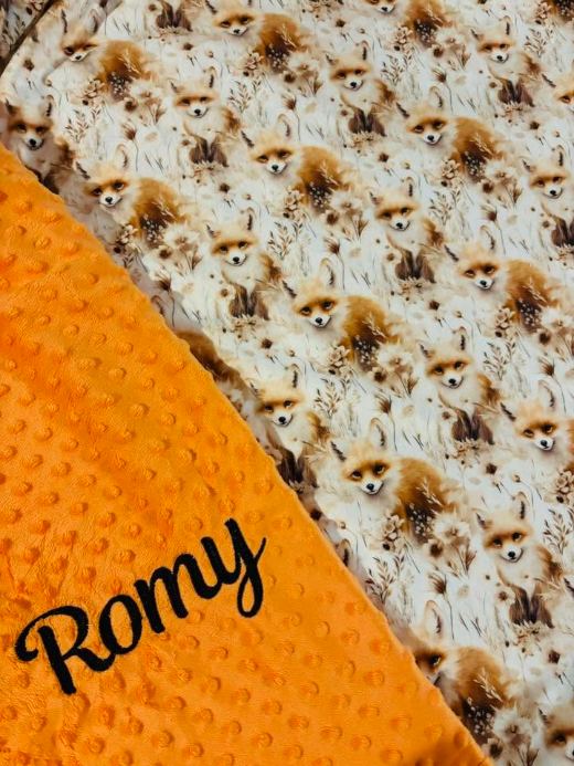 Fox blanket with orange Minky, embroidered with the name Romy